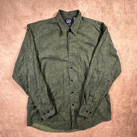 Vintage Gap Shirt Mens Medium Green Paisley All Over Print Hong Kong Y2k Casual - Picture 1 of 7